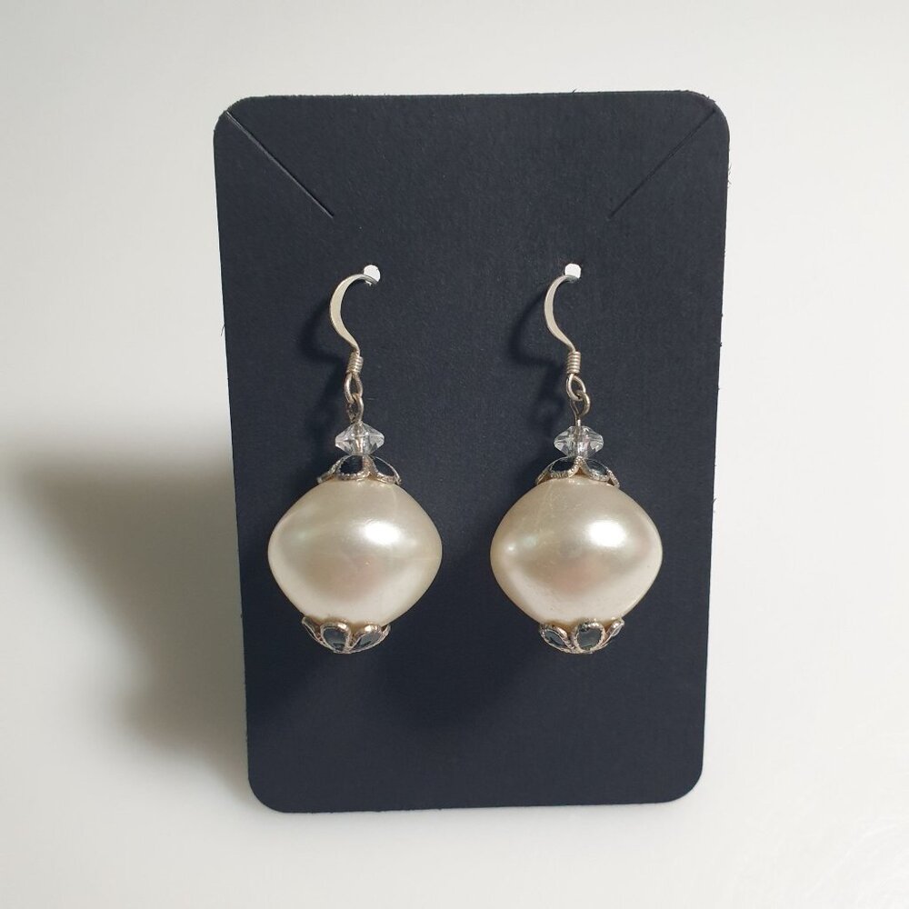 Vintage Faux Pearl Dangle Earrings Silver Tone Crystal Handmade Costume Gift